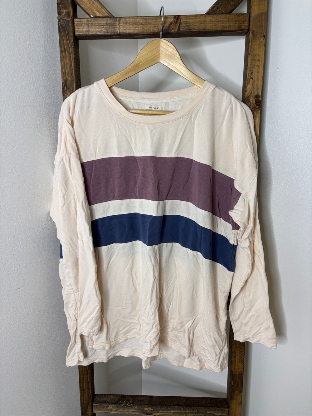 Thread & Supply Cream Sweatshirt Top with Mauve and Navy Stripes Size L